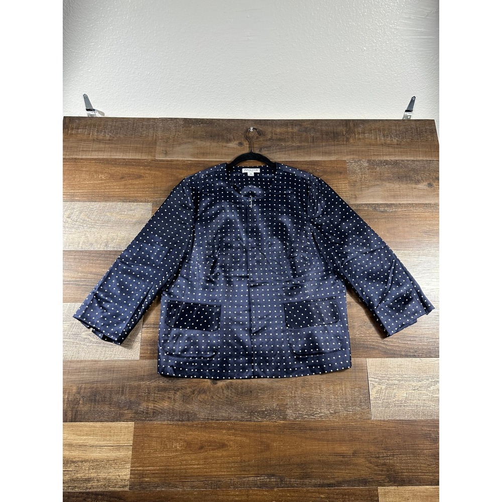 Pendleton Petite Navy Blue Satin Polka Dot Open Front Blazer Jacket Size 18P